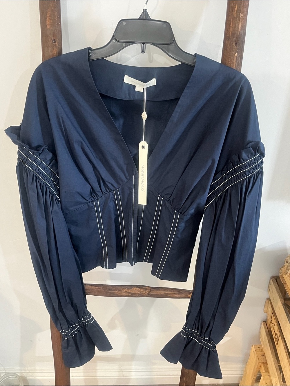 Jonathan Simkhai Navy Blue V-Neck Long Sleeve Blouse